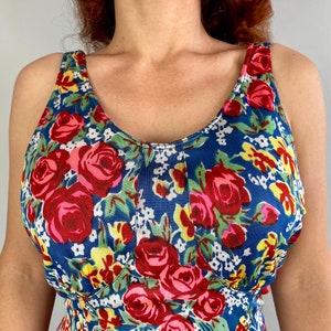 1930s Betty's Bouquet Romper Vintage 30s Bright Blue Yellow Red Pink Green Floral Roses Rayon Jersey Playsuit Large Extra Large XL image 3