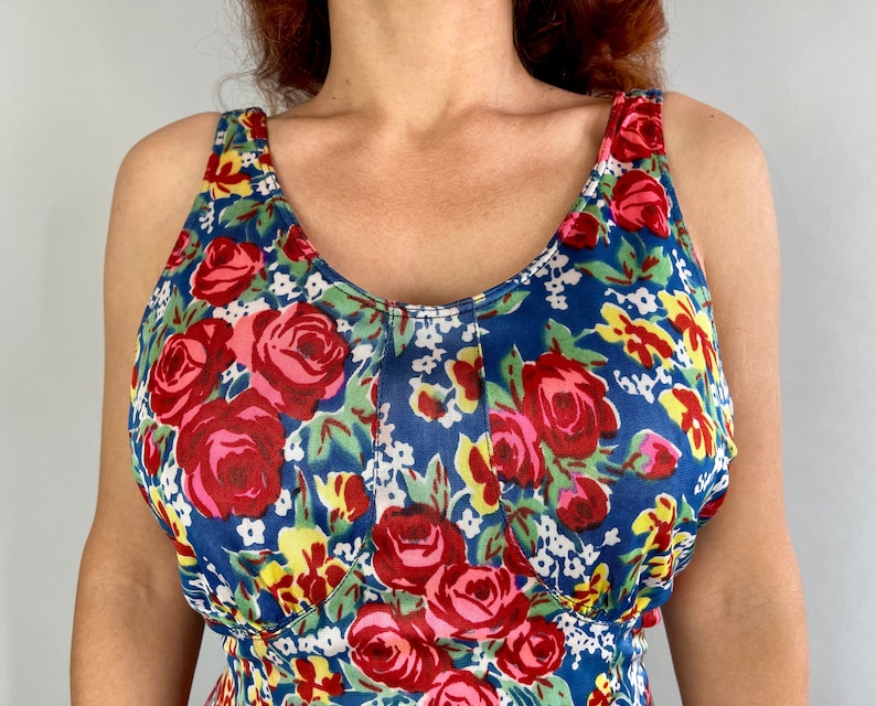 1930s Betty's Bouquet Romper Vintage 30s Bright Blue Yellow Red Pink Green Floral Roses Rayon Jersey Playsuit Large Extra Large XL image 3