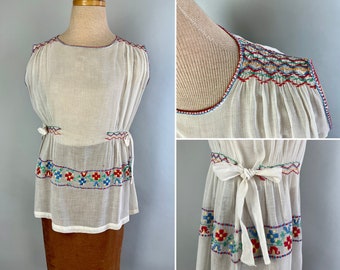 1930s Creative Crafts Peasant Blouse | Vintage 30s White Cotton Voile Hungarian Shirt Top with Colorful Embroidery and Waist Ties | Large