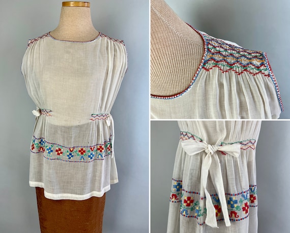 1930s Creative Crafts Peasant Blouse | Vintage 30s White Cotton Voile Hungarian Shirt Top with Colorful Embroidery and Waist Ties | Large