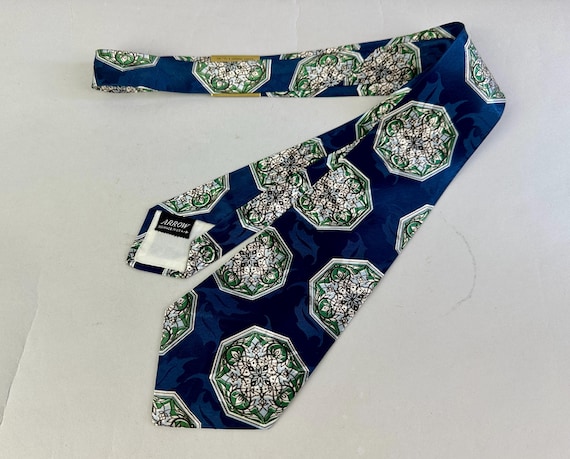 1940s Glorious Glass Necktie | Vintage 40s Deadstock "Arrow" Blue Self Tie Cravat with Green & White Stained Glass Cathedral Windows Pattern