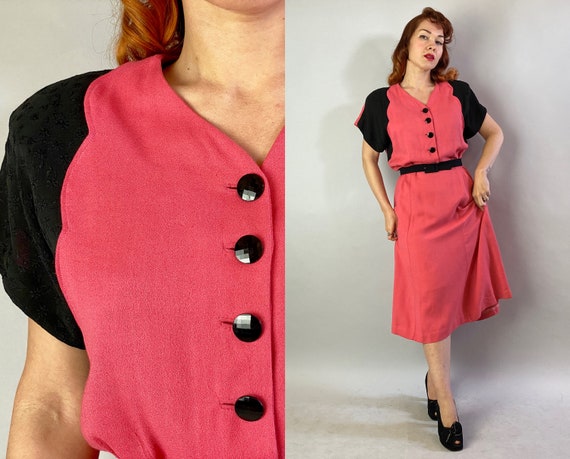 1940s Color Block Cutie Dress | Vintage 40s Coral
