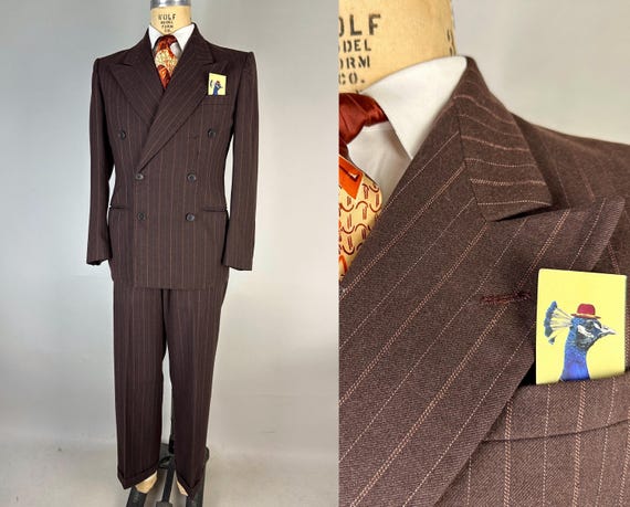 1930s Deliciously Debonair Suit | Vintage 30s Chocolate Brown Wool with Peach Orange Pinstripes Jacket and Trousers Set | Size 40 Medium