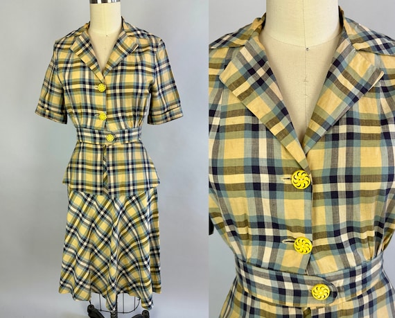 1940s Proper in Plaid Dress Set | Vintage 40s 2 Piece Cotton Skirt and Peplum Blouse Ensemble in Yellow Blue White and Grey | Extra Small XS