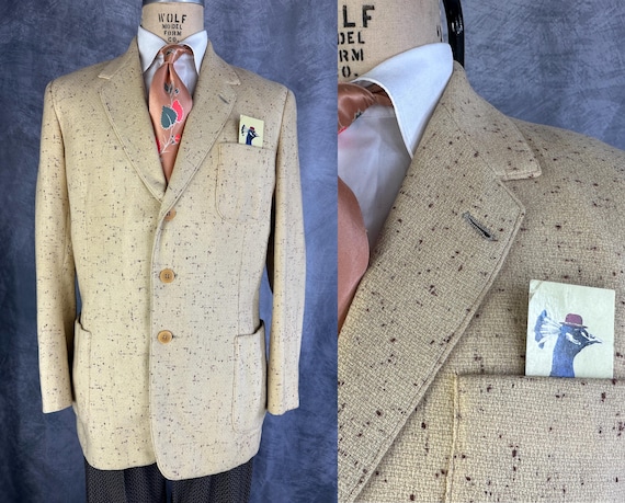 1950s The Sweet Spot Sport Coat | Vintage 50s Vanilla Bean White and Maroon Fleck Wool Tweed Jacket Blazer | Size 40/42 Medium/Large