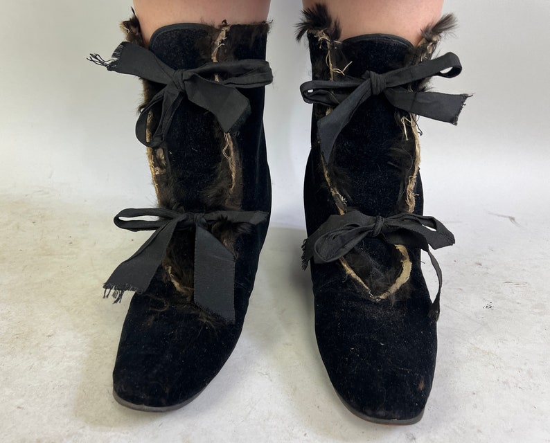 1930s Cold Weather Coverup Boots Vintage 30s Black Velvet Ribbon Lace Up Wedge Style Shoe Slip Covers Booties Victorian Style Size 7-8 image 3