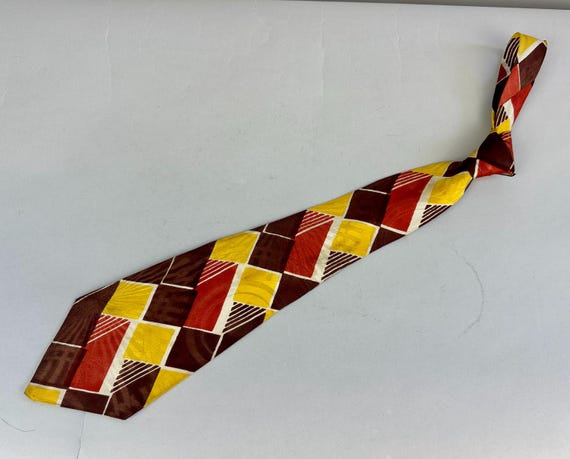 1940s On the Level Necktie | Vintage 40s Bronze Brown Yellow White and Orange Copper Squares and Rectangles Rayon Self Tie Cravat