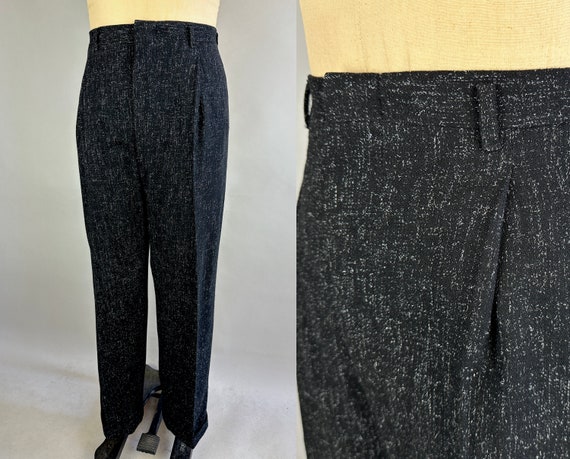 1950s Singing in the Rain Trousers | Vintage 50s Black Wool with White Flecks Pants Slacks with Pleated Front and Cuffs | Size 36x31.5 Large