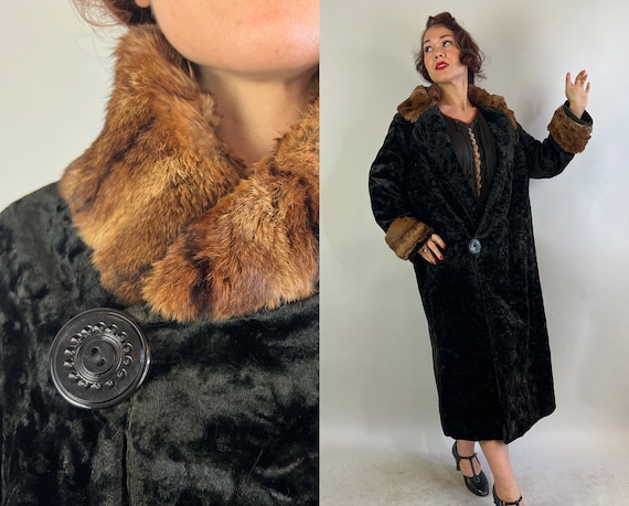 1920s Divine Decadence Coat | Vintage 20s Black Velvet Cocoon Overcoat Jacket with Big Deco Buttons and Rabbit Fur Accents | Medium Large