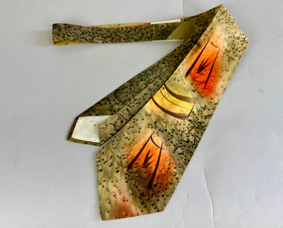 1940s Volcanic Ash Necktie | Vintage 40s NOS Grey Tones with Fiery Lava Orange and Yellow Rayon Taffeta Hand Painted Deadstock Self Tie