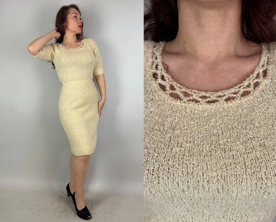 1950s Snow Queen Knit Frock | Vintage 50s Winter White Wool Boucle Knit Dress with Open Lacey Stitch Scoop Neckline | Small Medium