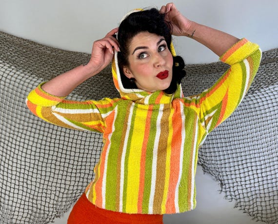 1960s Beach Bonfire Coverup | Vintage 60s Striped Brown White Yellow Green & Orange Hooded Terrycloth Swim Pullover Jumper | Small Medium