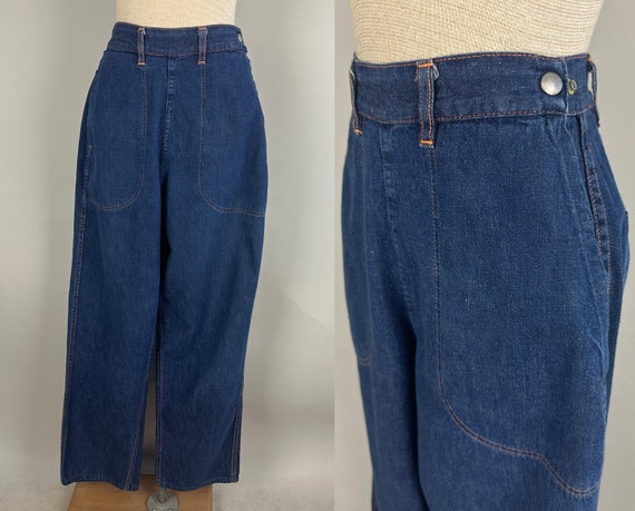 1950s Betsey in Blue Jeans | Vintage 50s Indigo Denim Cotton Pants with Tangerine Orange Top Stitching & Side Zipper | Extra Small XS