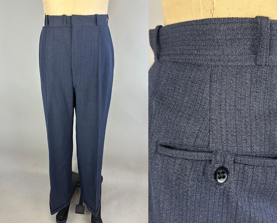 1940s Dressed to Impress Trousers | Vintage 40s Denim Blue with Red and Navy Stripe Pink Flecked Wool Pants | Size 38x30.5 Extra Large XL