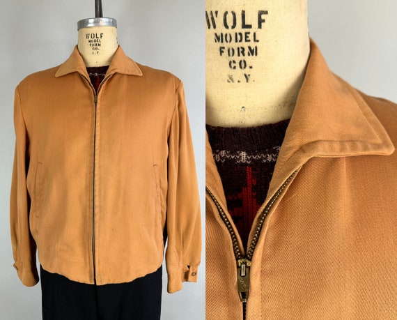 1950s Rockin Ricky Jacket | Vintage 50s Butterscotch Gabardine Zip-Up Ricky Jacket | Extra Large XL