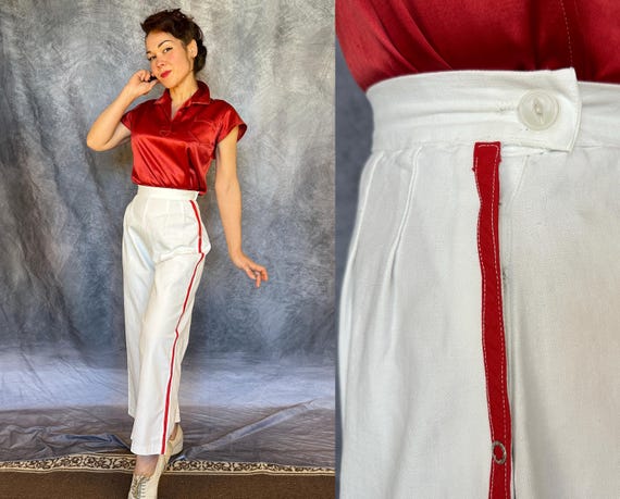 1930s Sporty Sally Trousers | Vintage 30s White Durable Cotton Thick Weave High Waist Side Button Pants with Red Stripe | Extra Small XS