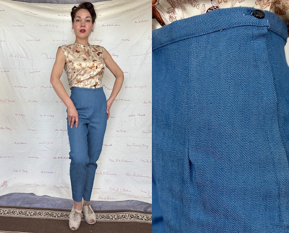 1950s Dressed Up Denim Cigarette Pants | Vintage 50s Ocean Blue Side Zip High Waist Tapered Cotton Jeans | Medium