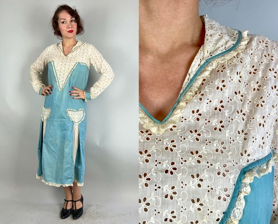 1920s Daytime Darling Frock | Vintage 20s Sky Blue Cotton and White Eyelet Lace Dress with Insets and Heart Shaped Pockets | Small