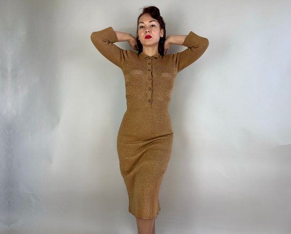 1940s Lurex Love Knit Dress | Vintage 40s Gold Sh… - image 6