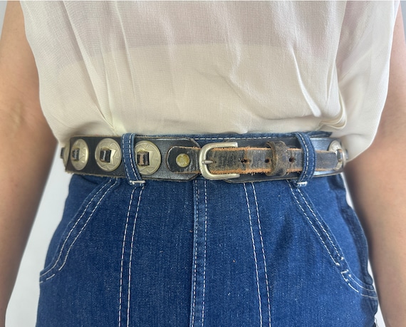 1950s Concho Cowgirl Belt | Vintage 50s Black Leather w/Silver Metal Western Sheriff Star Discs Studs Cincher | Medium Large Extra Large XL