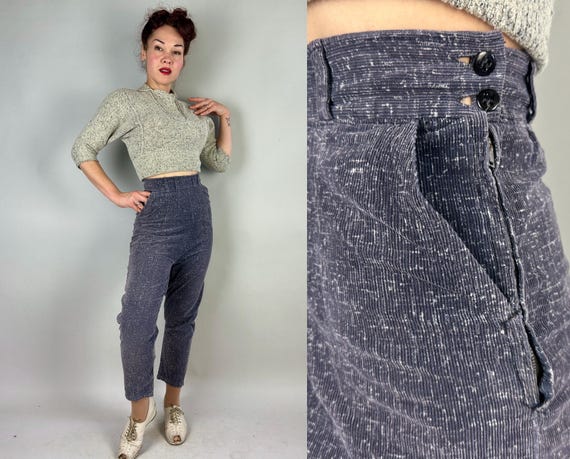 1950s Up Against It Cigarette Pants | Vintage 50s Grey and White Fleck Corduroy High Waisted Tapered Bad Girl Trousers w/Side Zip | Small