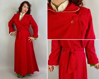 1940s Fire Engine Red Dressing Gown | 40s Warm Lightweight Wool Dress Robe With Rounded Notched Collar, Button, and Sash Tie | Medium/Large