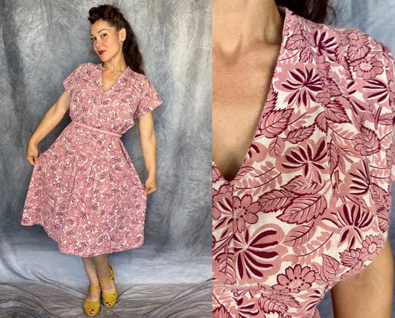 1930s Spring Into Spring Dress | Vintage 30s Pink Magenta and White Floral Print Cotton Deco Day Frock with Pintuck Details | Extra Large XL