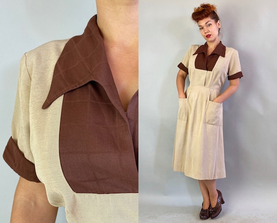 1940s Natural and Neutral Color Block Dress | Vint