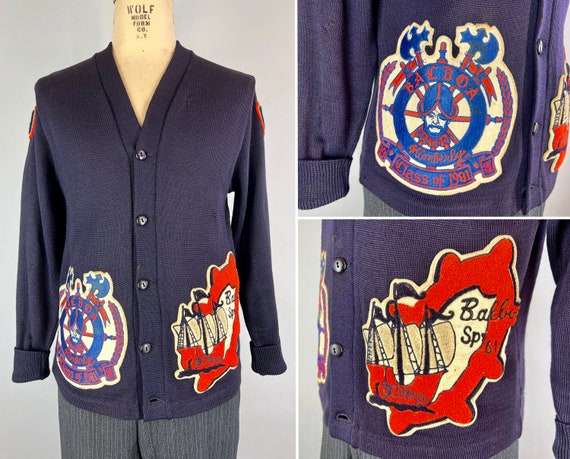 1960s to 1980s Pirate Legacy Cardigan | Vintage 60s 80s Navy Blue Wool Knit Button Up Letterman Varsity Ship Sweater | Small Medium Large