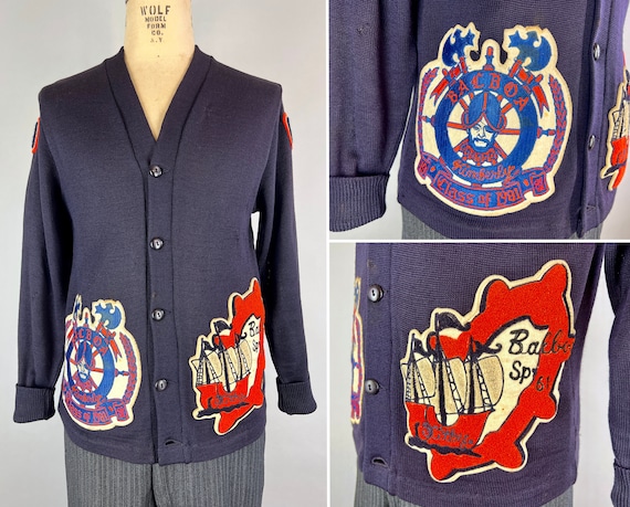 1960s to 1980s Pirate Legacy Cardigan | Vintage 60s 80s Navy Blue Wool Knit Button Up Letterman Varsity Ship Sweater | Small Medium Large