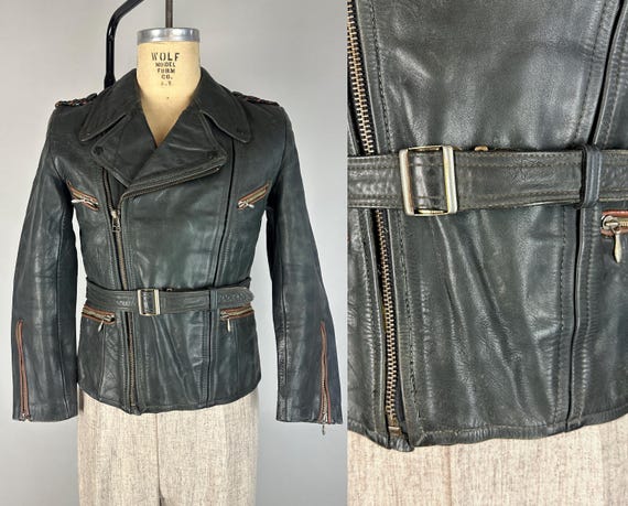 1950s Dandy Delinquent Motorcycle Jacket | Vintage 50s Black Leather Moto Coat w/Half Belt Quilting Red Piping & Epaulettes | Small