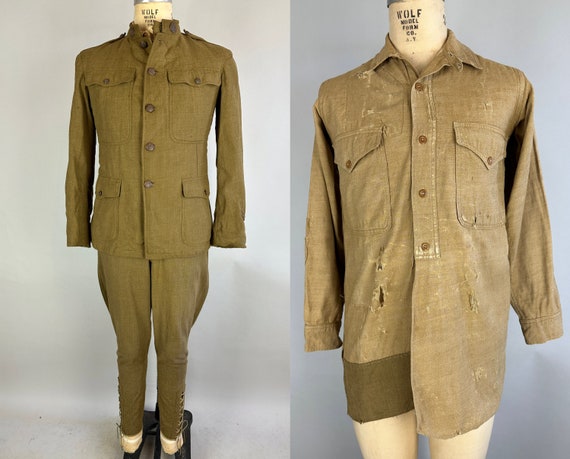 1910s Doughboy Donnie Uniform | Vintage Antique Teens Edwardian American WWI Green Three-Piece Suit Set Jacket Pants Shirt | Size 36/38 S/M
