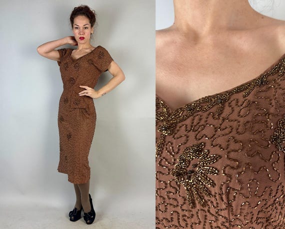 1940s Beaded Bronze Beauty Dress | Vintage 40s Brown Rayon Crepe Heavy Bugle Beadwork Squiggle and Floral Designs Cocktail Frock | Medium