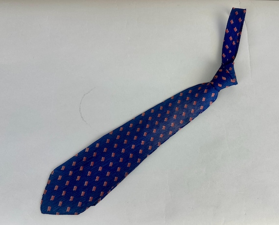 1930s Dashing Don Necktie | Vintage 30s Blue Textured Silk Brocade Self Tie Cravat with Dashed Diagonal Stripes of Pink by "Hollyvogue"