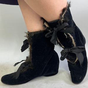 1930s Cold Weather Coverup Boots Vintage 30s Black Velvet Ribbon Lace Up Wedge Style Shoe Slip Covers Booties Victorian Style Size 7-8 image 1