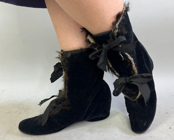 1930s Cold Weather Coverup Boots | Vintage 30s Black Velvet Ribbon Lace Up Wedge Style Shoe Slip Covers Booties Victorian Style | Size 7-8
