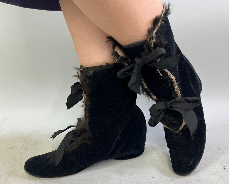 1930s Cold Weather Coverup Boots Vintage 30s Black Velvet Ribbon Lace Up Wedge Style Shoe Slip Covers Booties Victorian Style Size 7-8 image 1