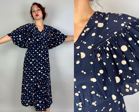 1930s Caplet Cutie Frock | Vintage 30s Navy Blue and White Polkadot Silk Day Dress with Ruffle Cape and Gathered Kick Pleat | Small Medium