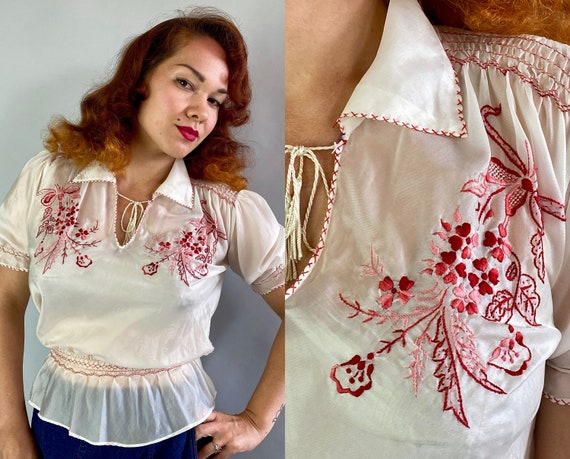 1940s Pleasant Peasant Blouse | Vintage 40s White Parachute Silk Hungarian Puff Sleeve Shirt Top with Red & Pink Embroidery Smocking | Small