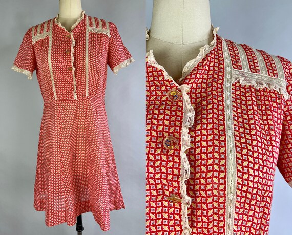 1930s Susan's Sun Dress | Vintage 30s Lightweight Cotton Frock in Red Geometric Pattern with Lace Trim & Celluloid Buttons | Extra Large XL