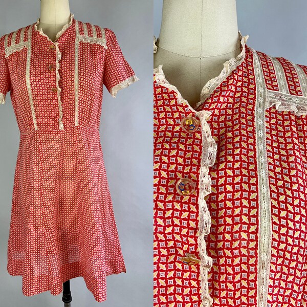 1930s Susan's Sun Dress | Vintage 30s Lightweight Cotton Frock in Red Geometric Pattern with Lace Trim & Celluloid Buttons | Extra Large XL