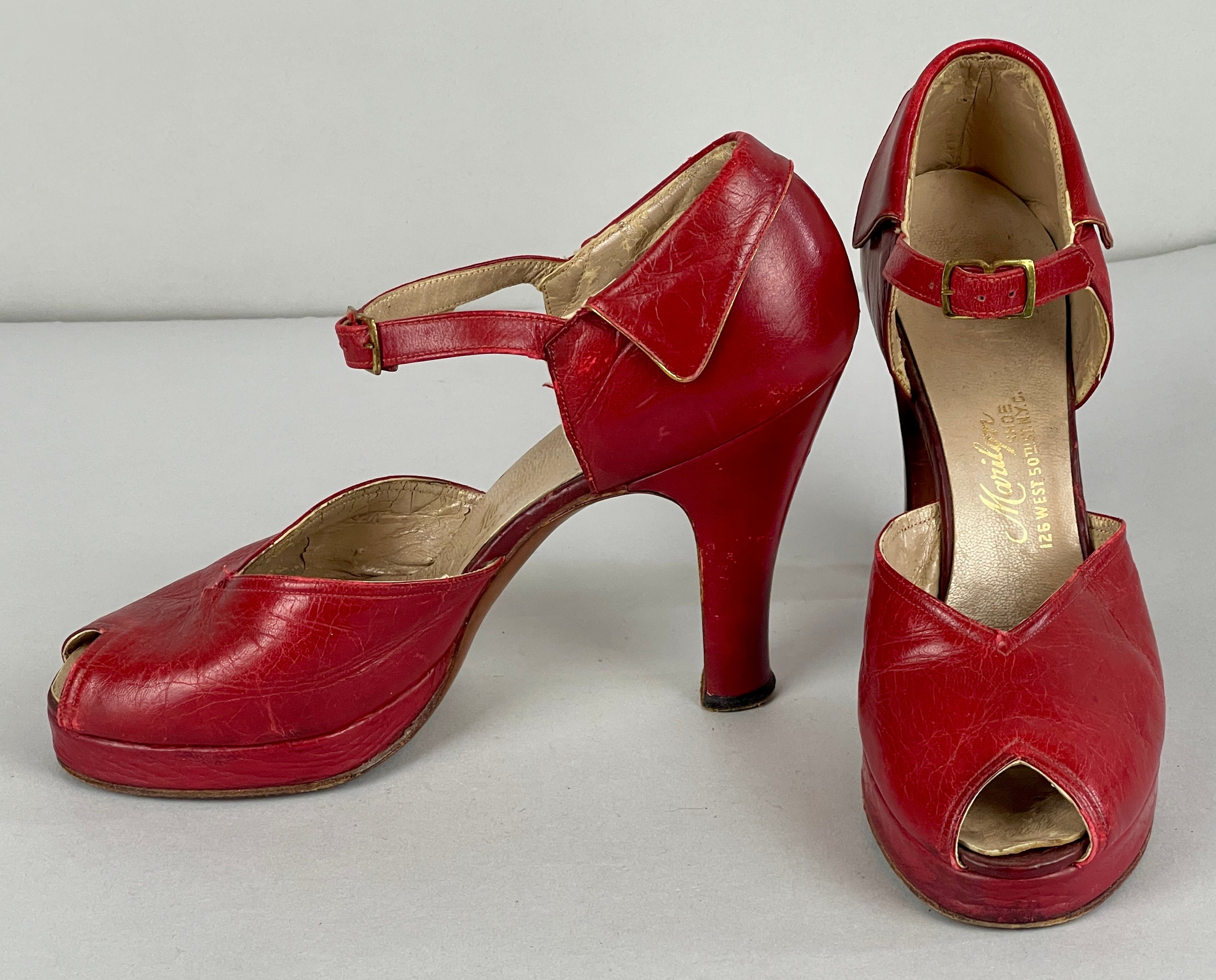 Schoenen damesschoenen Pumps Maat US 6.5 Jaren 1940 Carmen Miranda Cha Cha Platforms Vintage 40s Crimson Red Leather Mary Jane Peeptoe Schoenen met hoge hakken van "Marilyn" 