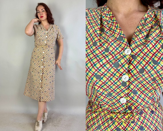 1930s Farmhouse Frolic Frock | Vintage 30s Yellow Red Green and White Plaid with Grey Polkadots Cotton Button Up Dress w/Belt | Medium