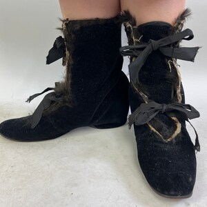 1930s Cold Weather Coverup Boots Vintage 30s Black Velvet Ribbon Lace Up Wedge Style Shoe Slip Covers Booties Victorian Style Size 7-8 image 2