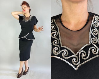 1940s Sequin Sophisticate Dress | Vintage 40s Black Rayon Crepe Cocktail Frock with Peplum Sheer Net Panel and Silver Sequins | Medium