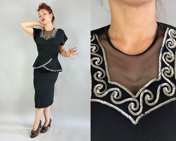 1940s Sequin Sophisticate Dress | Vintage 40s Black Rayon Crepe Cocktail Frock with Peplum Sheer Net Panel and Silver Sequins | Medium