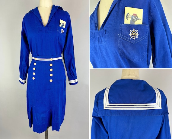 1940s Sail Away Sally Ensemble | Vintage 40s Two Piece Blue and White  Linen Sailor Girl Scout Blouse and Skirt Dress Set | Extra Small XS