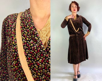 1920s Fruity Pebbles Dress | Antique Vintage 20s Rainbow Spots on Black Silk Velvet Frock with Asymmetric Collar and Belt | Medium Large