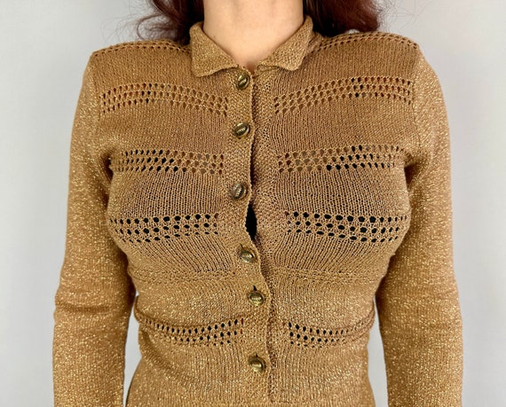 1940s Lurex Love Knit Dress | Vintage 40s Gold Sh… - image 3