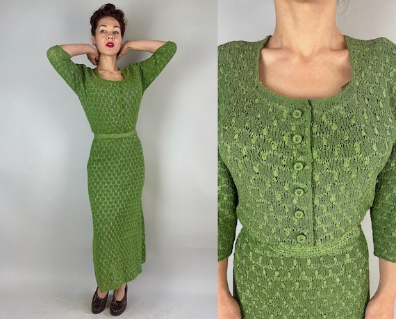 1940s Ring Around The Ribbons Knit Dress Set | Vintage 40s Green Rayon & Ribbon Interlocking Loop Frock w/Slip + Belt | Large Extra Large XL